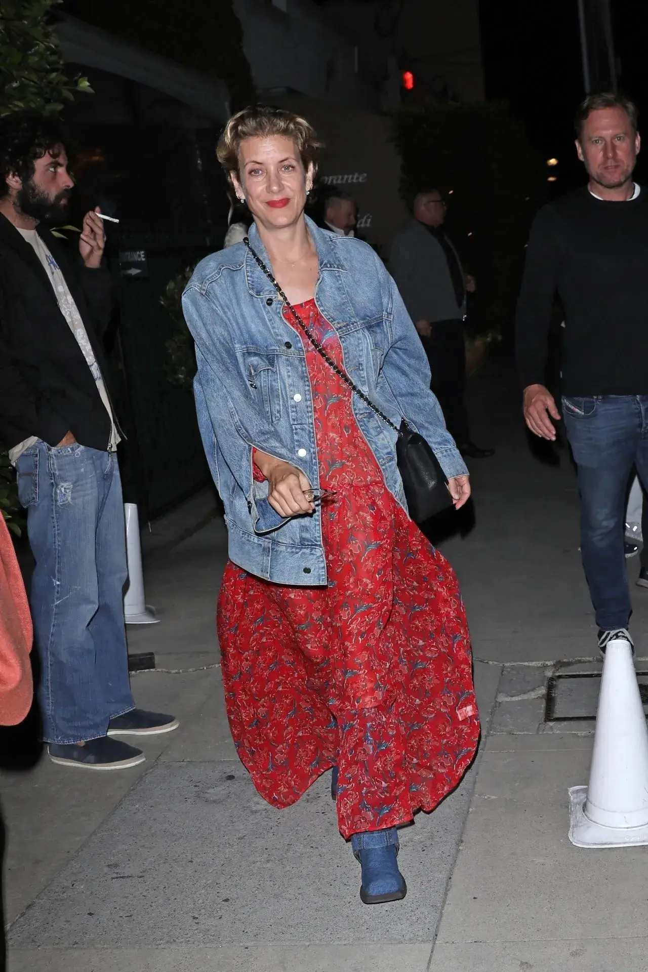 Kate Walsh Stills in Red Floral Dress and a Denim Jacket in Santa Monica